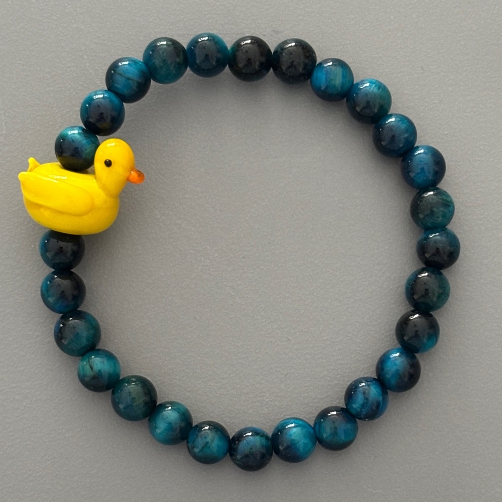 Blue Tigers Eye Beaded Bracelet with Yellow Glass Duck Charm